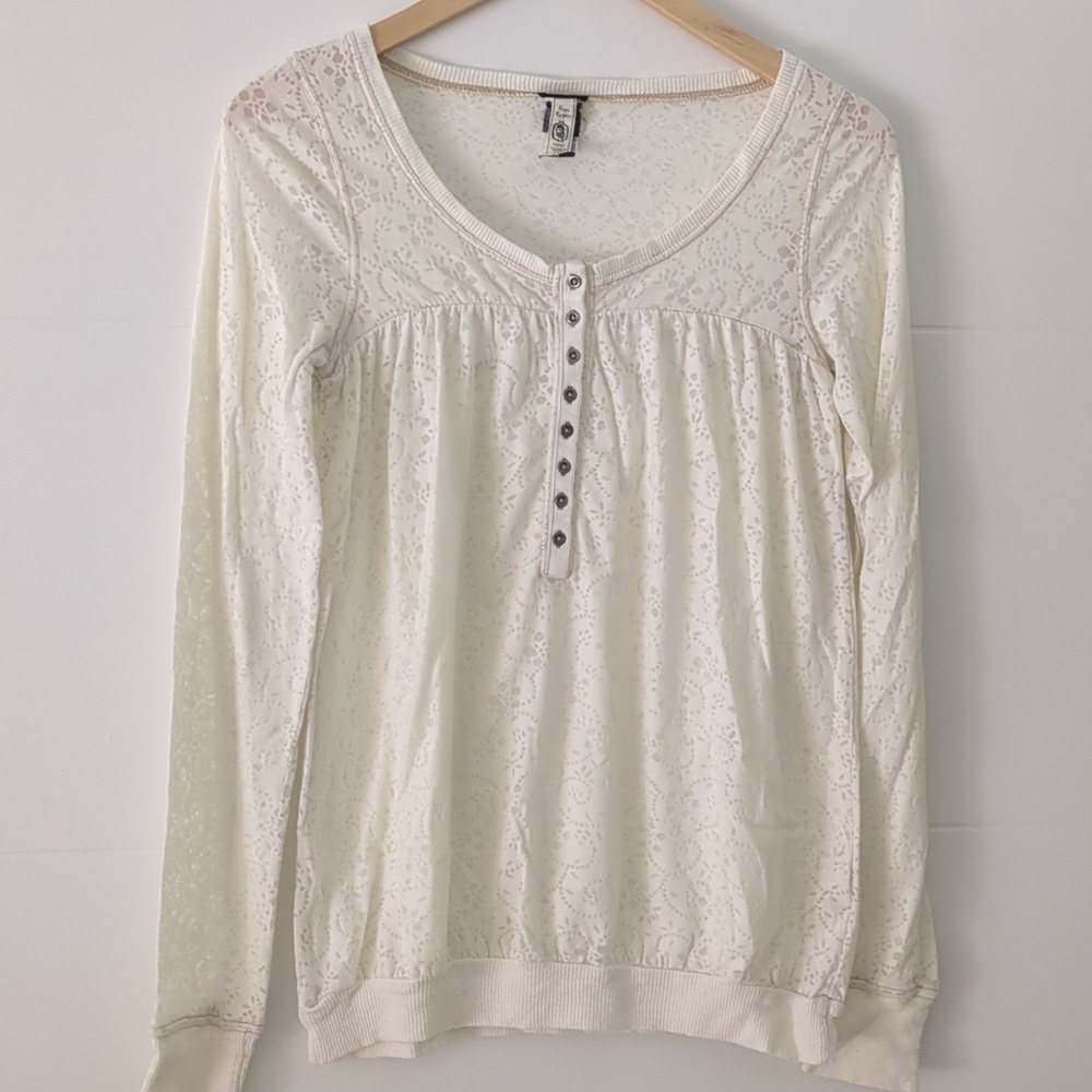 Free People Long sleeve Henley Y2K Feminine Textured Top Cream Size Small
